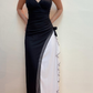 Unique Sheath Spaghetti Strap Black White Chiffon Prom Dress Evening Dress SH2222