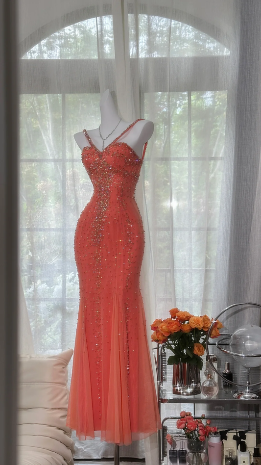 Vintage Mermaid Spaghetti Strap Exquisite Rhinestone Tulle Prom Dress Wedding Guest Dress SH4551