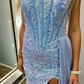 Shiny Light Blue Sheath Strapless Sequin Satin Long Prom Dress Evening Dress with Slit SH6816