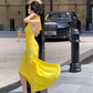Sexy Bright Yellow Sheath Halter Satin Open Back Prom Dress Evening Dress with Slit SH4335