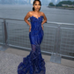 Elegant Royal Blue Sequin Beaded Appliques Mermaid Prom Dress Evening Dress SH982