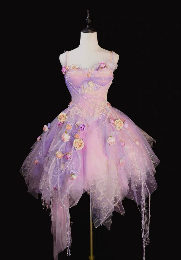 Sweety Pink Ball Gown Spaghetti Strap 3D Floral Tulle Short Prom Dress Homecoming Dress SH6440