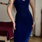 Vintage Sheath Sweetheart Neck Royal Blue Velvet Knee Length Prom Dress Evening Dress SH6077