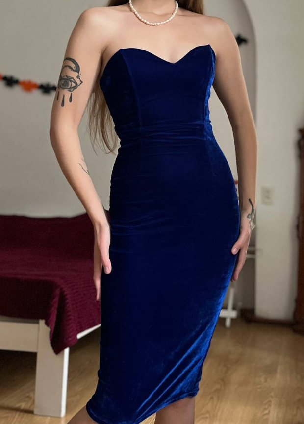 Vintage Sheath Sweetheart Neck Royal Blue Velvet Knee Length Prom Dress Evening Dress SH6077
