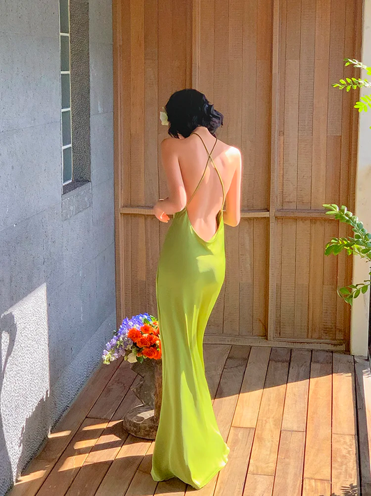 Simple Green Mermaid Straps Satin Open Back Long Prom Dress Vacation Dress SH4319