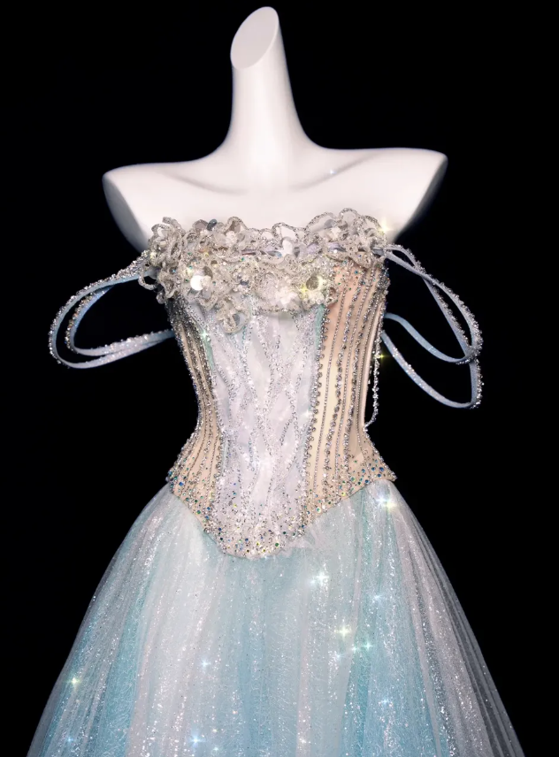 Dreamy A Line Straps Ruffle Sequin Pink Blue Tulle Long Prom Dress SH3245