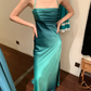 Simple A Line Halter Ombre Blue Satin Open Back Prom Dress Evening Dress SH2974