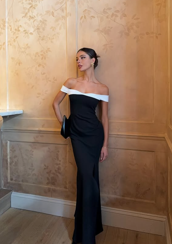 Classic Sheath Off the Shoulder Black-White Satin Prom Dress SH5064
