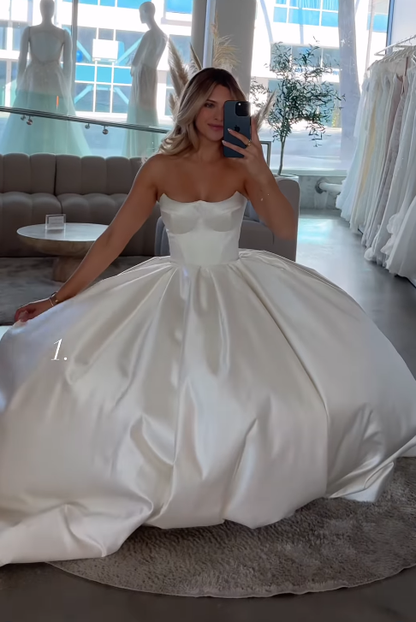 Stylish A Line Strapless White Satin Long Wedding Dress SH8530