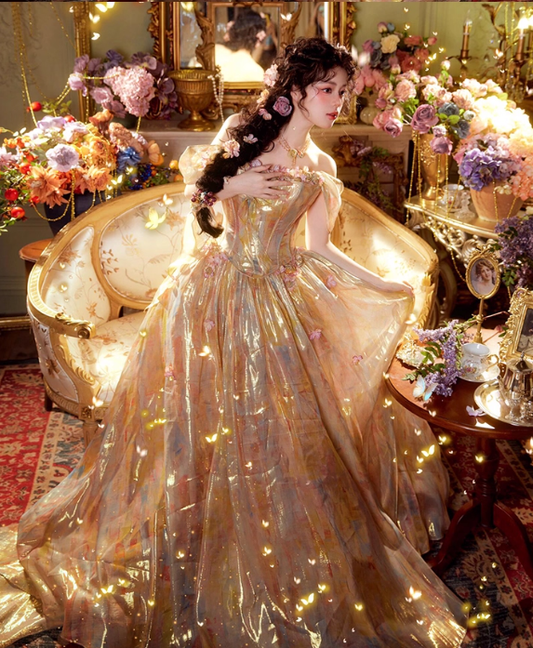 Dreamy Ball Gown Off the Shoulder Corset Golden Tulle Prom Dress 16th Birthday Dress SH4055