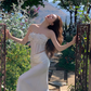 White Sheath Strapless Appliques Tulle Satin Prom Dress Formal Dress SH4169