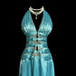 Vintage A line Halter Blue 1950s Retro Classy Satin Long Prom Dresses Party Dress 21st Birthday Outfits Graduation Dresses SH3509