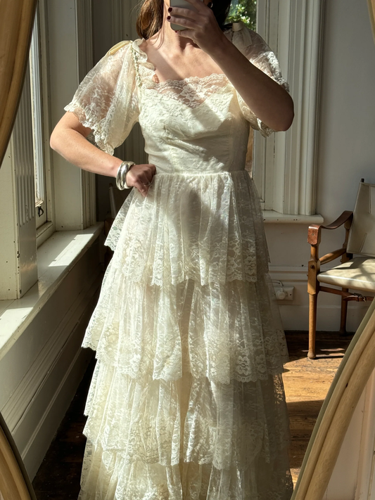 Vintage A Line Puff Layered Beige Lace Long Wedding Dress SH4426