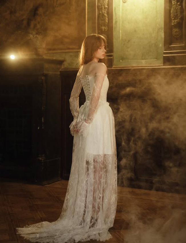Elegant White A Line Long Sleeve Lace Long Train Prom Dress Evening Dress SH6698