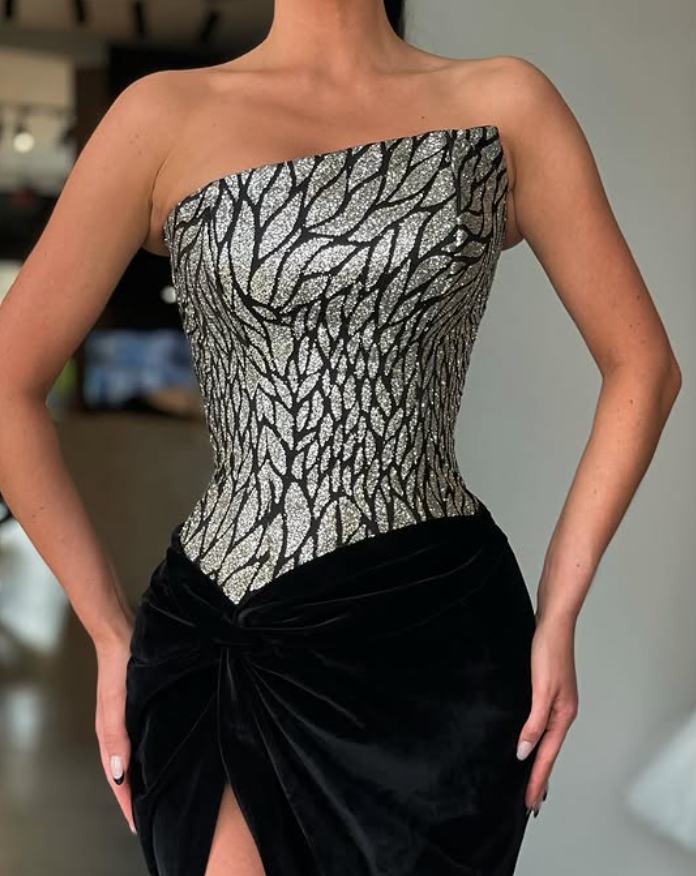Sexy Black Mermaid Strapless Sequin Velvet Prom Dress Evening Dress SH6130