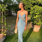 Blue Sheath Spaghetti Straps Satin Open Back Long Prom Dress Evening Dress SH1891