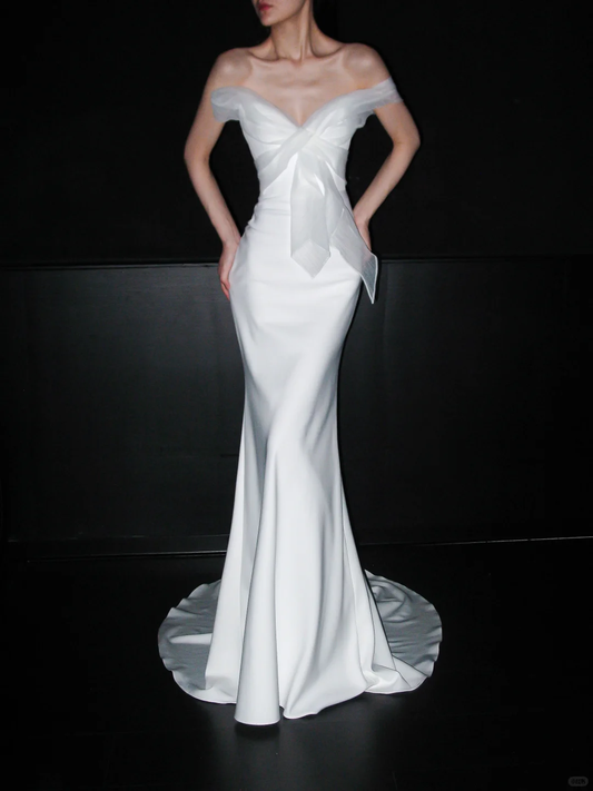 Elegant Stunning Sheath One Shoulder Flowy Tulle Satin Long Wedding Dress SH6625