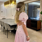 Pink Puff Sleeve A Line Beaded Satin Long Prom Dress Party Dress SH5539
