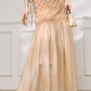 Simple Apricot A Line Round Neck Floral Tulle Prom Dress Outfits SH4731