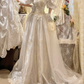 Glamorous Retro Ball Gown Puff Sleeve Beaded Satin Wedding Dress Prom Dress SH5885