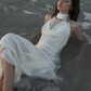 Elegant Mermaid Halter Pearl Ivory Satin Long Evening Dress Party Dress SH3029