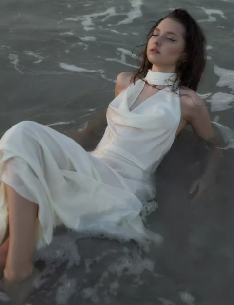 Elegant Mermaid Halter Pearl Ivory Satin Long Evening Dress Party Dress SH3029