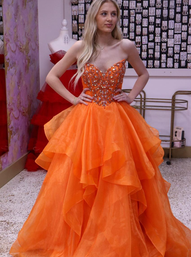 Orange A Line Strapless Beaded Layered Organza Long Prom Dress Evening Dress SH6805
