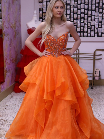 Orange A Line Strapless Beaded Layered Organza Long Prom Dress Evening Dress SH6805