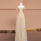 Pretty A Line Puff Beaded Sequin Champagne Tulle Long Prom Dress Party Dress SH4365