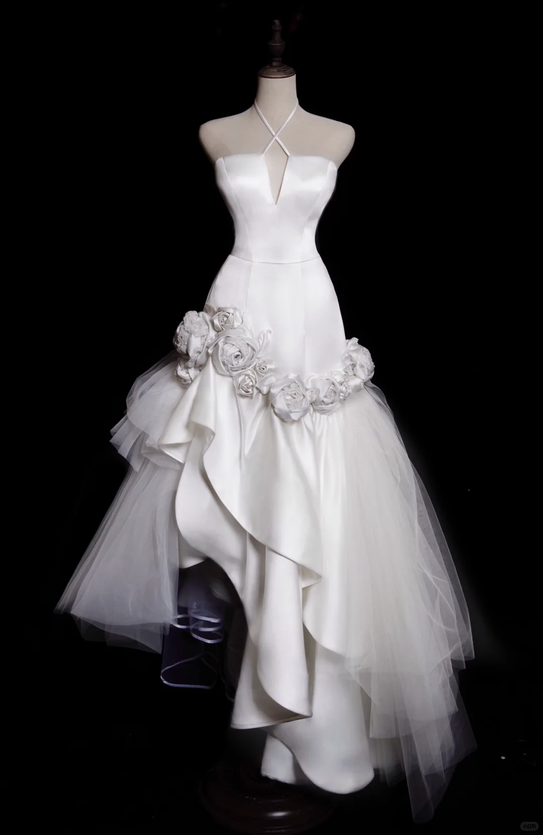 Mermaid Halter White Floral Ruffle Satin Tulle Wedding Dress SH4710