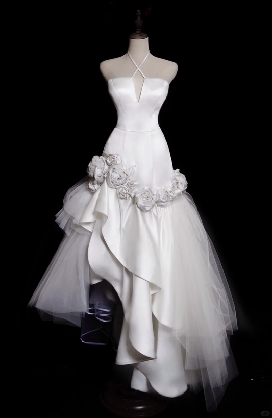 Mermaid Halter White Floral Ruffle Satin Tulle Wedding Dress SH4710