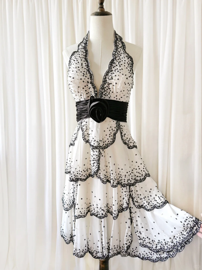 Vintage White Halter Black Beaded Layered Chiffon Short Prom Dress SH5435
