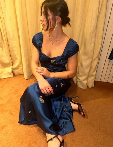 Navy Blue A Line Straps Exquisite Beaded Satin Prom Dress Evening Dress Outfits SH7254