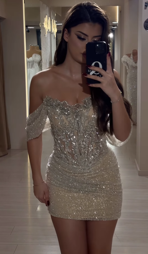 Shiny Sexy Sheath Off the Shoulder Sequin Rhinestone Tulle Short Homecoming Dress SH4792