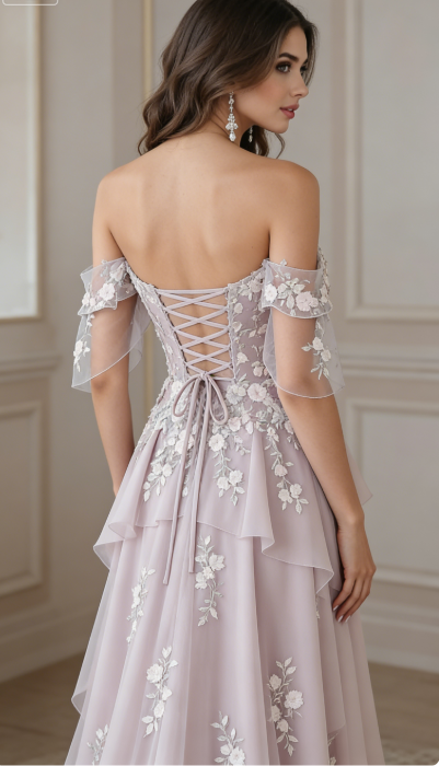 Pastel Lilac A Line Appliques Layered Chiffon Prom Dress 16th Birthday Dress Wedding Guest Dress SH4279