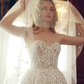 Shiny Sequin Beaded A Line Sweetheart Neck White Tulle Long Wedding Dress SH6045