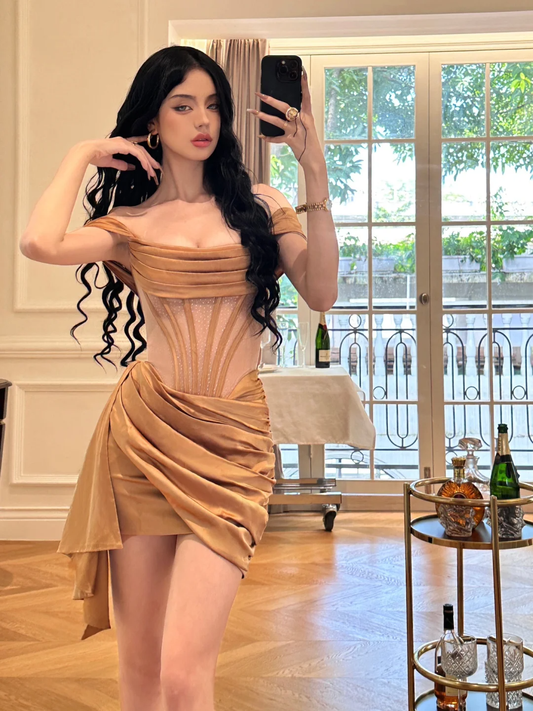 Brown Sheath Off the Shoulder Corset Pleated Tulle Satin Mini Prom Dress Homecoming Dress SH4468