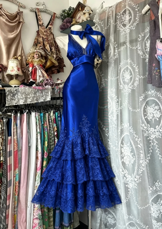 Vintage Royal Blue Mermaid V Neck Layered Lace Applique Prom Dress Evening Dress SH5858