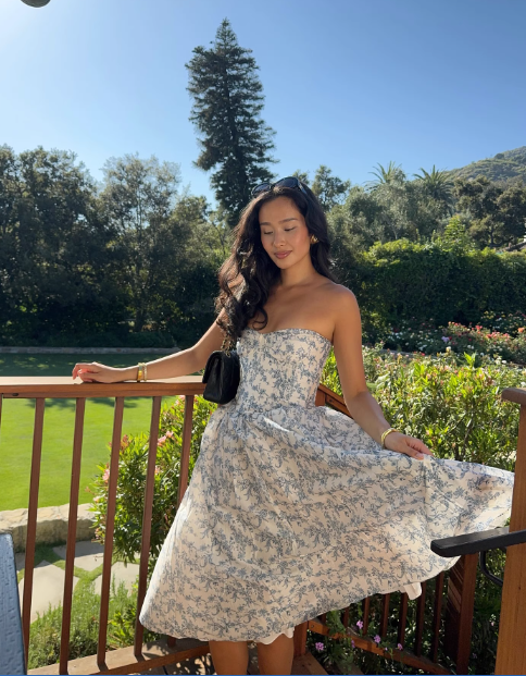 Cute A Line Strapless Blue Print Flower Satin Party Dress Wedding Guest Dress SH3123