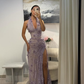 Purple Sheath V Neck Beaded Lace Open Back Prom Dress Evening Dress with Slit SH4436