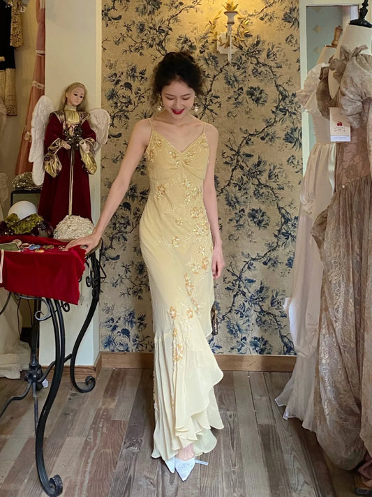 Vintage Yellow Mermaid Spaghetti Strap Beaded Chiffon Prom Dress Wedding Guest Dress SH4499
