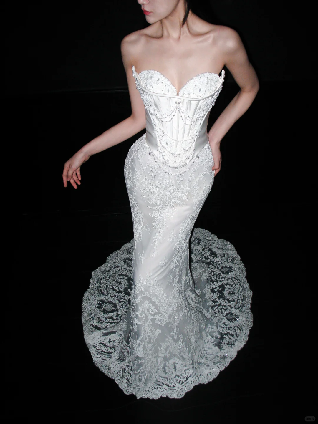 Glamorous Mermaid Strapless Corset White Beaded Sequin Lace Long Wedding Dress SH8922