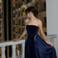 Pretty Navy Blue A Line Strapless Beaded Velvet Satin Long Prom Dress Wedding Guest Dress SH5406