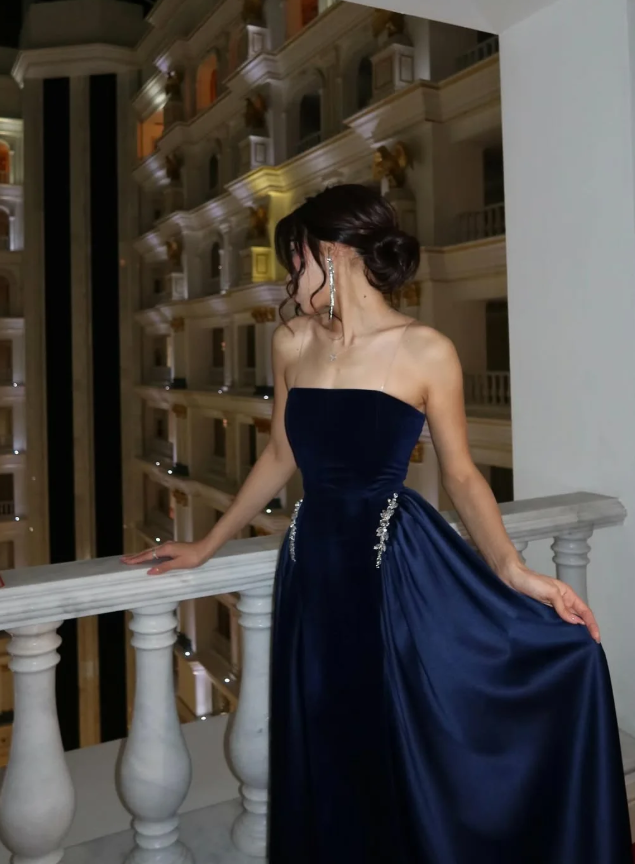 Pretty Navy Blue A Line Strapless Beaded Velvet Satin Long Prom Dress Wedding Guest Dress SH5406
