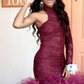 HIGH-NECK ONE-SLEEVE SHEATH LACE PUFFY TULLE PROM DRESS SA130