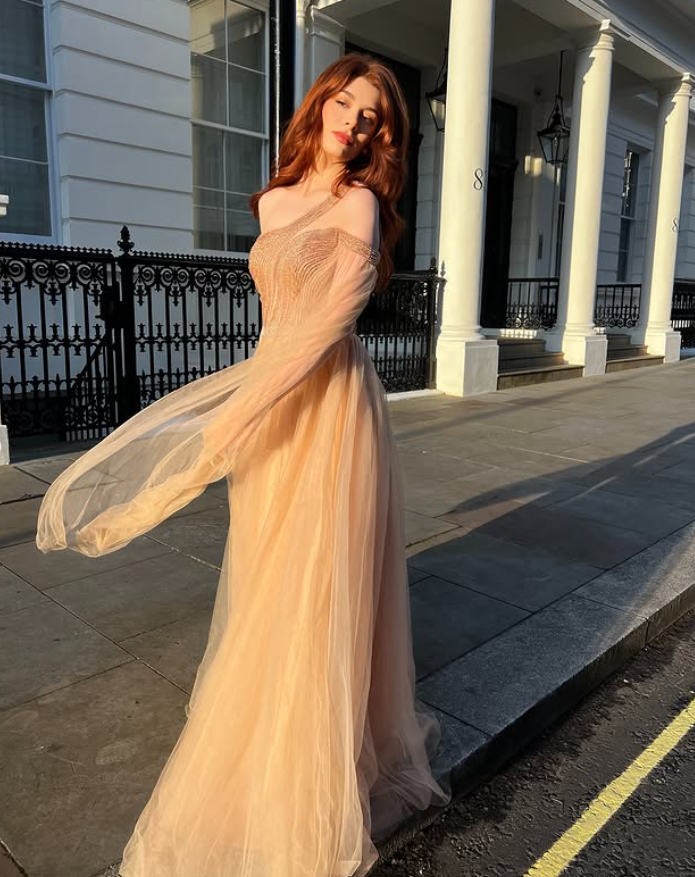 Flowy A Line One Shoulder Beaded Tulle Long Prom Dress Party Dress SH4685