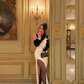 Sexy Black Bow Sheath Straps Corset White Satin Prom Dress Evening Dress with Slit SH5525