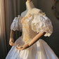 Dazzling Retro Ball Gown Puff Sleeve Lace Beaded Satin Wedding Dress Prom Dress SH5888