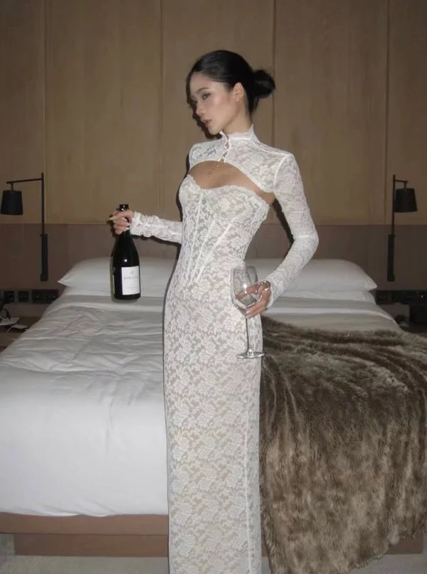 Two Piece Sheath Long Sleeve Exquisite White Lace Prom Dress Evening Dress SH8777