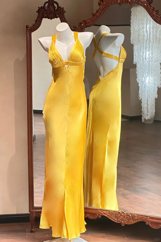 Yellow Vintage Sheath Halter Beaded Satin Backless Prom Dress Evening Dress SH5510